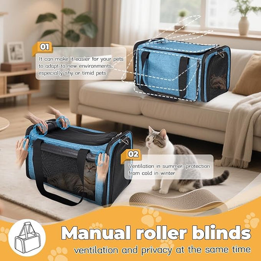 YUDODO 25 lbs Lightproof Airline Approved Cat Small Dog Carrier for Travel Bag Soft Sided Pet Puppy Carriers with Side Pockets & Reflective Mesh, Foldable Portable for Outdoor Car Large Lake Blue