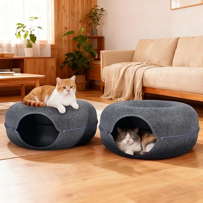 Peekaboo Cat Cave Bed for Indoor Cats, Scratch-Resistant Cat Donut Tunnel for Multiple & Large Cats, Detachable Round Cat Hideaway for Playing, Sleeping and Hiding, Up to 30-45 lbs