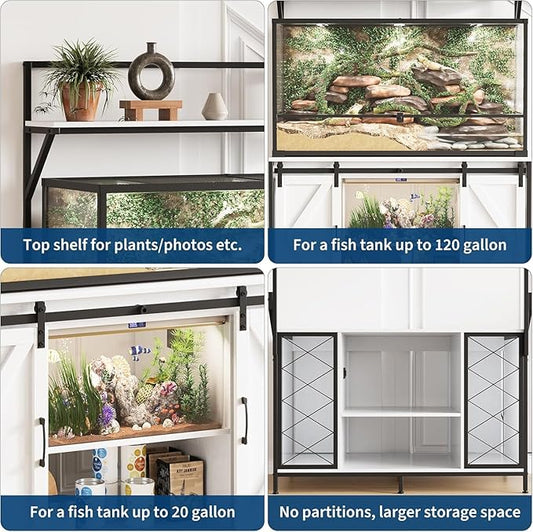 120 Gallon Aquarium & Reptile Tank Stand – Fits 48" x 24" Tanks, White MDF, Sliding Doors, Power Outlet, Large Storage, Supports 1200 LBS – Ideal for Fish Tanks, Terrariums – White