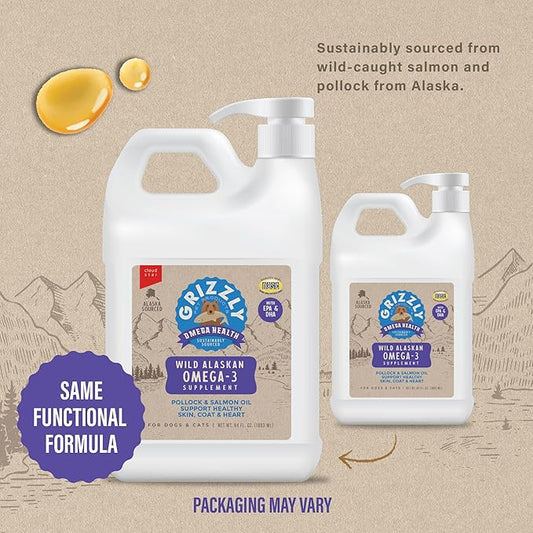 Grizzly Pet Products Omega Health Liquid Omega-3 Supplement for Dogs and Cats, 64 Ounce Jug