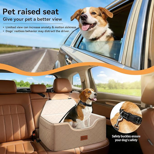 Dog Car Seat for Large-Medium Dogs: Pet Car Seat, Detachable Washable Dog Booster Seat, Pet Travel Bed with Storage Pockets and Dogs Safety Belt (Coffee, Large)