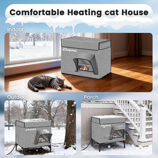 Zikopomi Heated Cat House for Outside with Elevated Base Outdoor Cat House with 2 Safe Escape Doors Cat-Attracting Eave Design Feral Stray Shelter Weatherproof in Winter Garage Yard Porch