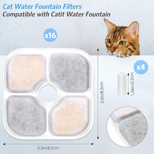 16-pack Cat Water Fountain Filter Compatible with Pixi Catit Water Fountains, Triple-Layer Cat Filters for Catit Fountain Filter Replacement, Pet Drinking Fountains Filters with 4 Pump Tubes