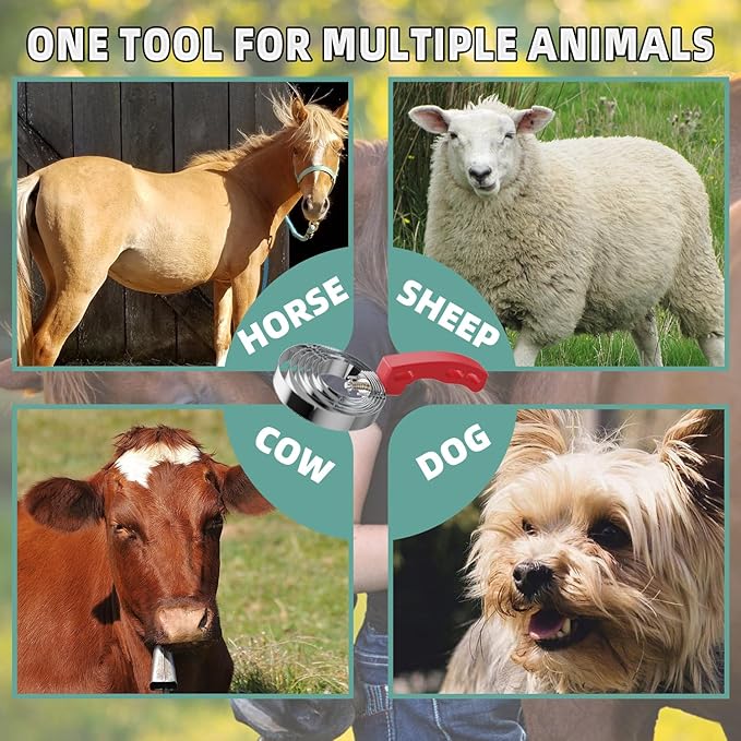 6 Rings Curry Comb Horse Brush, Reversible Stainless Steel Shedding Comb & Scraper with Soft Touch Grip, Horse Grooming Supplies for Horses, Dogs & Livestock, Curry Comb for Shedding & Bathing