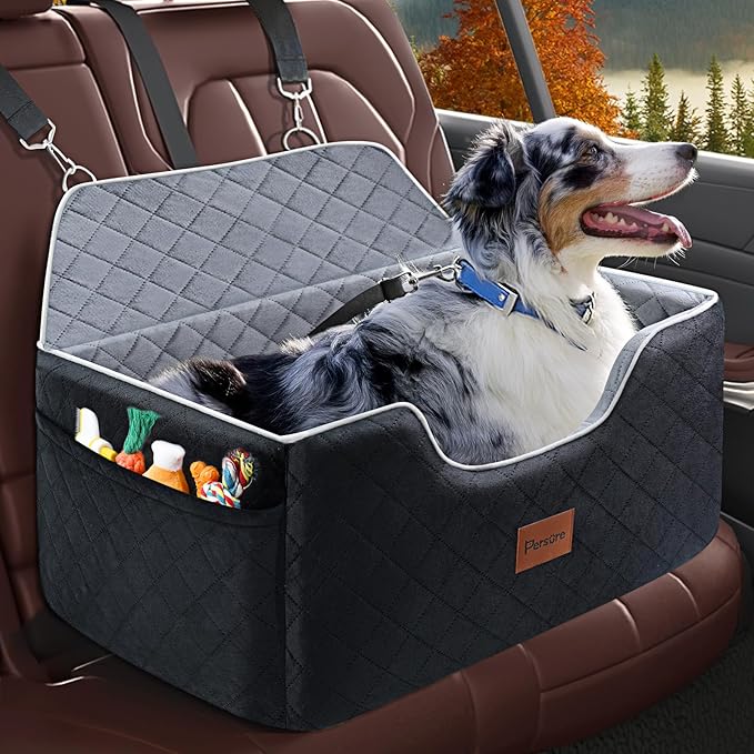 Dog Car Seat for Large Medium Size Puppy Dog,Soft Fabric Dogs Bed Filling Memory Foam,2 Clip-On Safety Leashs and 2 Pockets,Removable and Washable Comfy Pet Travel Car Seat(Black, Large)