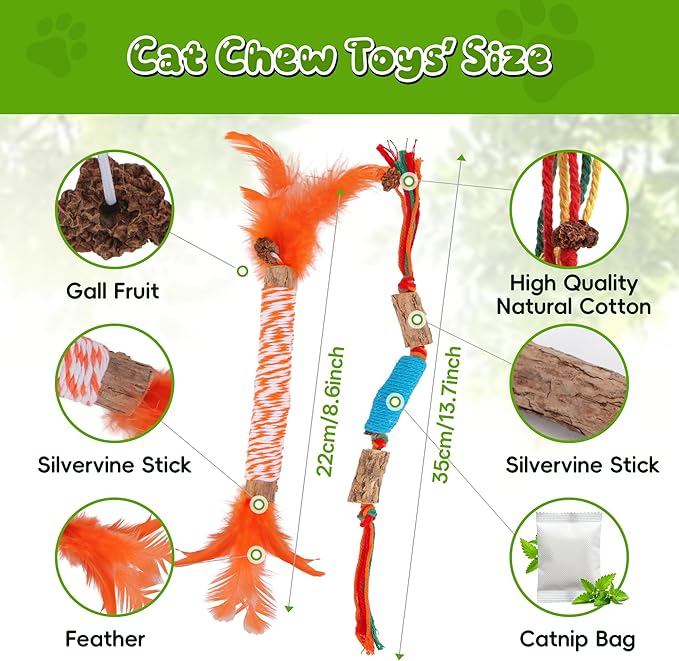 GBSYU Silvervine Sticks for Cats & Cat Chew Rope Toy with Refillable Natural Catnip Bag for Teeth Cleaning, Interactive Cat Catnip Toys for Indoor Cats, Kitten Teething Toys for All Breeds (12Pcs)