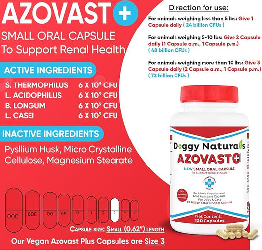 Azovast Plus Kidney Health Supplement for Dogs & Cats, 240ct - NO Refrigeration Required - Help Support Kidney Function & Manage Renal Toxins - Renal Care Supplement Capsule(U.S.A) (240 Caps)