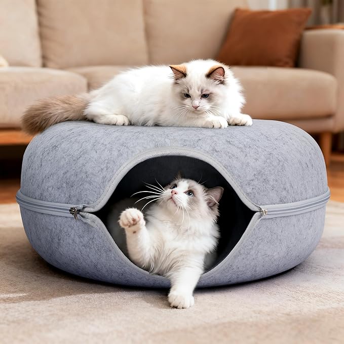 Peekaboo Cat Cave Bed for Indoor Cats, Scratch-Resistant Cat Donut Tunnel for Multiple & Large Cats, Detachable Round Cat Hideaway for Playing, Sleeping and Hiding, Up to 30-45 lbs