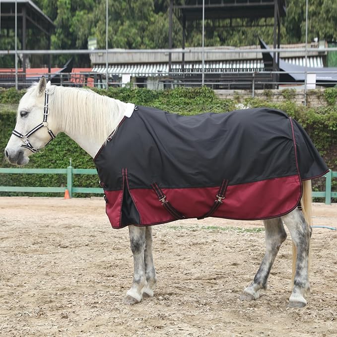 1200D Ripstop Waterproof Breathable Horse Blanket (0g No Fill), Lightweight Turnout Rain Sheet, Keeps Dry in Mud & Wet Weather Blackwine 69"