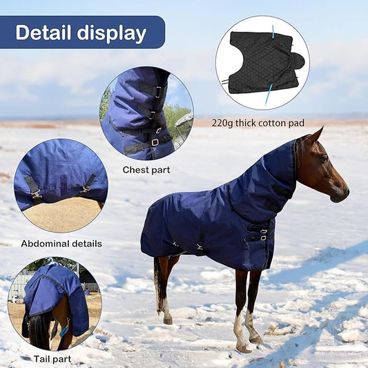 Winter Horse Blanket, Water Resistant Turnout Blanket, 220-Gram Polyester Fill, Medium Weight, 78 Inches, Horse Blankets for Real Horses (Navy Blue, US81in(EU155cm))