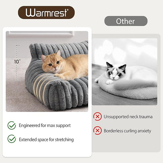 Warmrest Cat Couch for Pets, Cute Cat Bed with Cozy Soft Faux Rabbit Fur for Kitten, Fuzzy Cats Sofa for Indoor Cats, Supportive Pet Sofa with Removable Washable Cover, Light Gray, 24"
