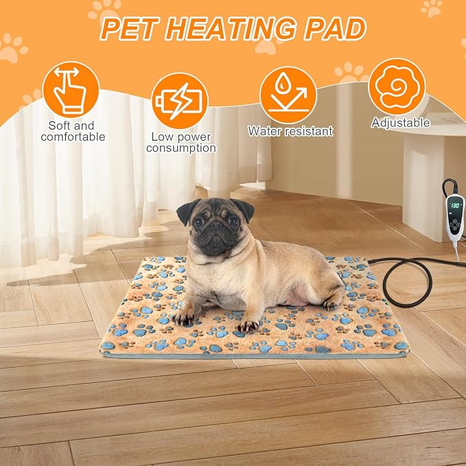 GOLOPET Dog Heating Pad 28×18 in Waterproof PVC Pet Heating Pad, Adjustable Thermostat+Constant On Function, Metal Protective Tube Comes with a Plush Cotton Sleeve,Whelping Box-Apricot