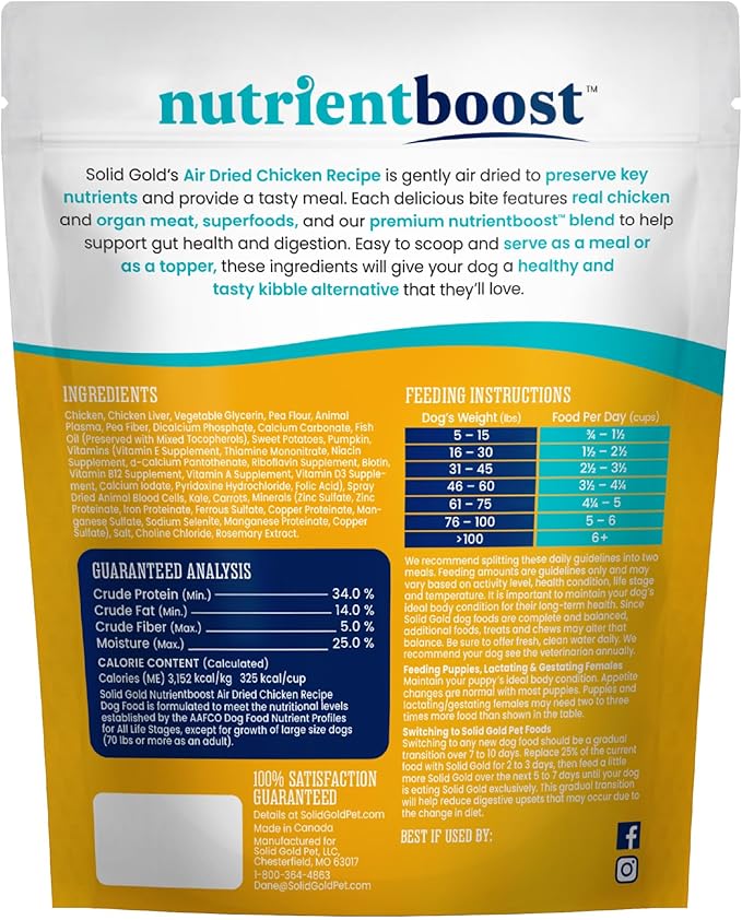 Solid Gold Air Dried Dog Food Toppers for Dry Food - Healthy Dog Treats w/Real Chicken & Superfoods - Serve as a Complete Meal, Topper or Treats - Supports Muscle Growth, Immunity & Digestion - 4oz