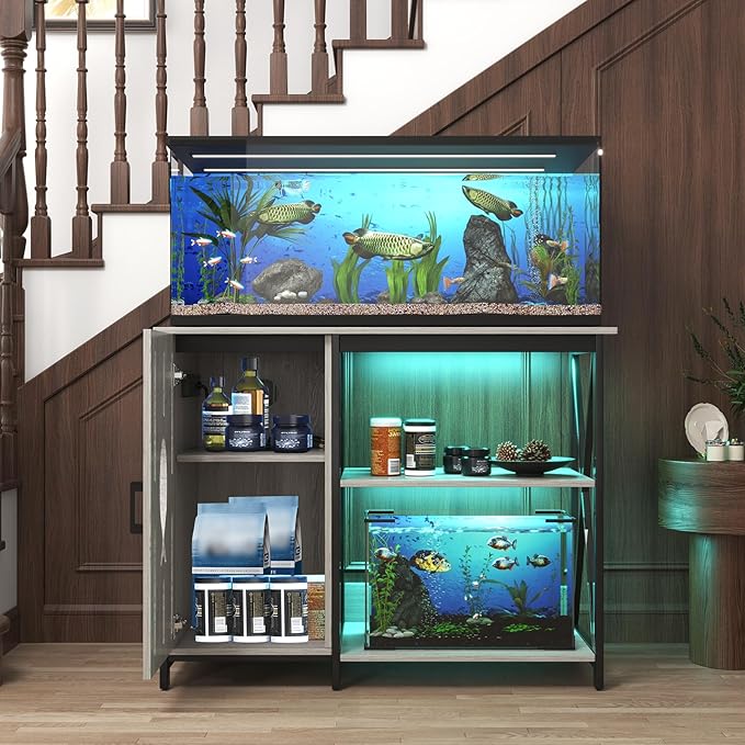 Aquarium Stand 40 Gallon,Fish Tank Stand with Cabinet Storage,Power Outlets & LED Light,Heavy Duty Aquarium Stand for Turtle Tank,Reptile Terrarium,800LBS Capacity,Grey