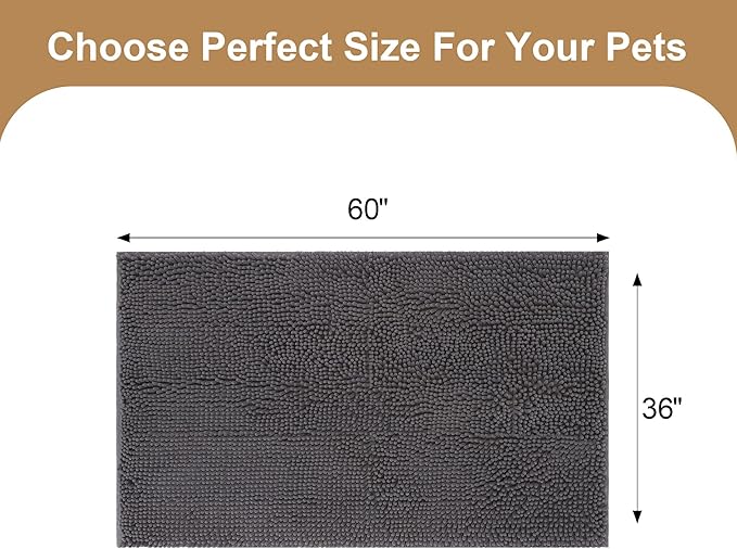 Amyracel Absorbent Dog Door Mat for Muddy Paws, 60" x 36" Non Slip Washable Door Mat Indoor Entrance, Quick Dry Chenille Pet Entry Rugs for Entryway Indoor, Grey