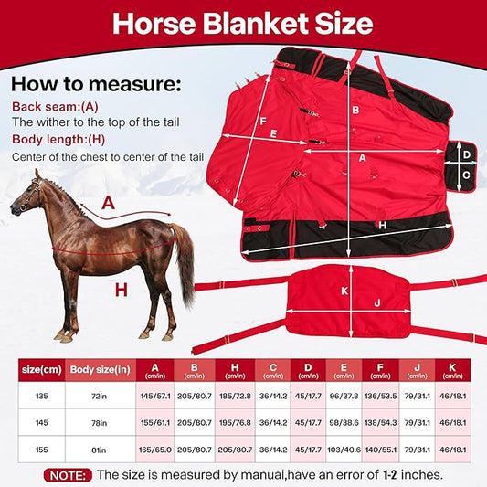 Winter Horse Blanket 1200D, Turnout Blanket Rug with Belly Wrap Horse Coat Equine Blanket Medium Weight with 220G Filling Horse Sheet with Turnout Neck Cover Detachable (Red, 155CM/81inch)