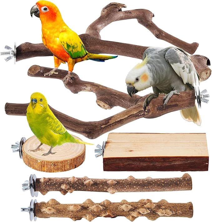 Wbreaz Bird Perches, Bird Perch for Cage, 6Pcs Natural Wood Parrot Perch Stand, Paw Grinding Fork, Chewing Toys, Cage Accessories for Parakeets, Budgies, Cockatiels, Conures, Macaws, Finches, Lovebird