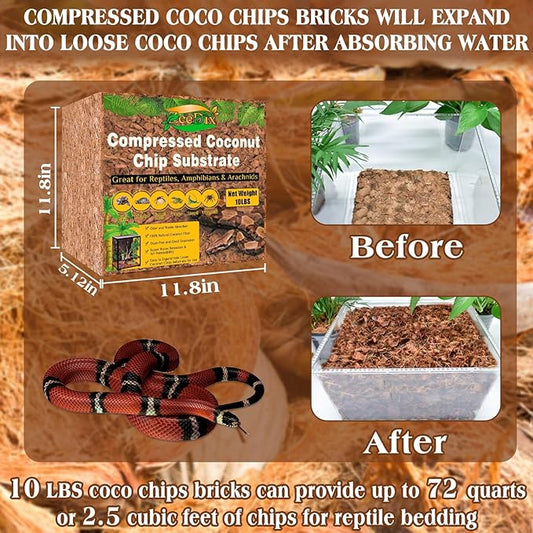 ZeeDix 10LBS Coconut Husk Chip Substrate for Reptiles, 72QT Compressed Organic Coco Coir Chips for Snake Habitat, Reptile Bedding for Ball Python, Tortoises, Geckos, Lizards Terrarium Tanks