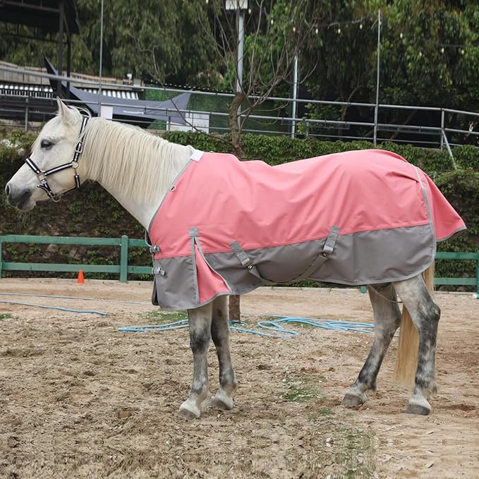 1200D Ripstop Waterproof Breathable Horse Blanket (0g No Fill), Lightweight Turnout Rain Sheet, Keeps Dry in Mud & Wet Weather Pinkgrey 78"