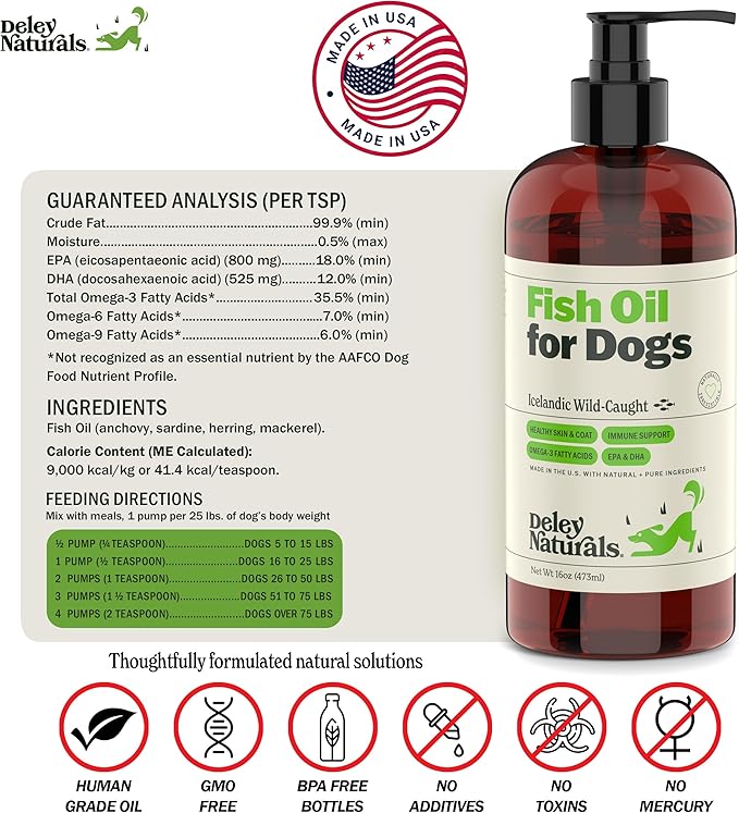 Deley Naturals Dog Fish Oil Icelandic 2X Omega - Dog Itching Skin Relief with Omega 3 6 9 for Allergies, Coat & Heart - Omega 3 Fish Oil for Dogs Skin Irritation - 16oz Omega Oil for Dogs Made in USA