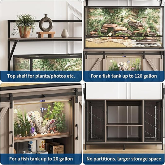 120 Gallon Aquarium & Reptile Tank Stand – 48" x 24" Tabletop, Power Outlet, Sliding Doors, Ample Storage, Durable MDF, Fits Bearded Dragon & Turtle Terrariums – Grey