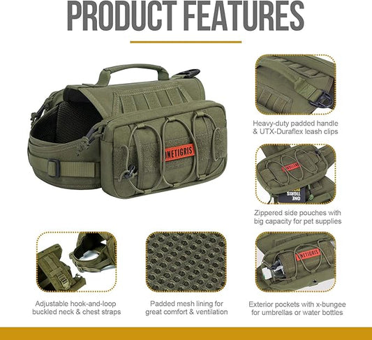 ONETIGRIS Dog Backpack for Hiking Nylon Dog Harness Backpack with Side Pockets for Large Dog with 17"-23.5" Neck Girth and 25"-31" Chest Girth (Green, Medium)