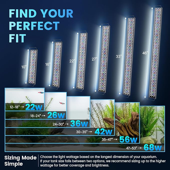 AQQA Aquarium Light with 24/7 Sunrise Sunset Mode, 9 Colors & 10-Level Brightness, Full Spectrum LED Fish Tank Light with Timer for Plant Growth, Freshwater Tanks (22W for 12-18 inch Tank)