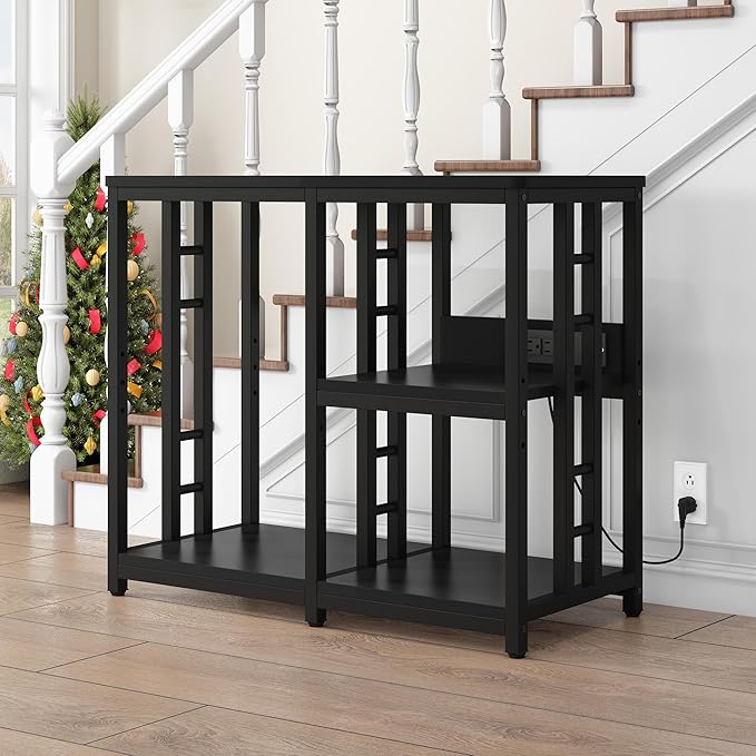 Heavy Duty 40-50 Gallon Aquarium Stand with Power Outlets, 3-Tier Adjustable Metal Fish Tank Stand with Storage Shelf for 5-10 Gallon Tanks, Reptile Terrariums & Supplies Organizer, 720LBS Capacity (Black + Black)