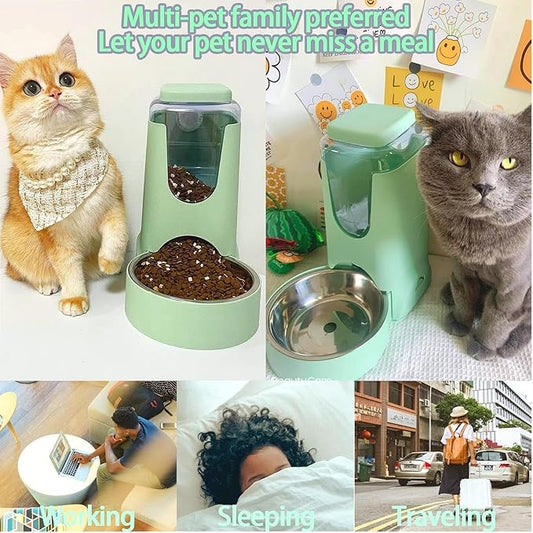 Pets Automatic Gravity Feeder Dogs 2.8L Food & 4L Water Dispenser Set with Stainless Steel Bowl for Small Medium Big Puppy Kitten(Light Green)