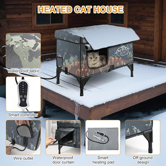 Large Heated Cat House for Outside 21x17x17 in, 100% Waterproof Elevated Base, Insulated Outdoor Cat Shelter with Heater for Feral Barn Cat, Safe Two-Way Escape Door