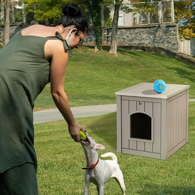DRATO Outdoor Indoor Dog House,Resin Material Ventilate Waterproof Added to The Bottom,Multi-Functional Pet House for Small to Medium Dog (Light Brown, Medium)