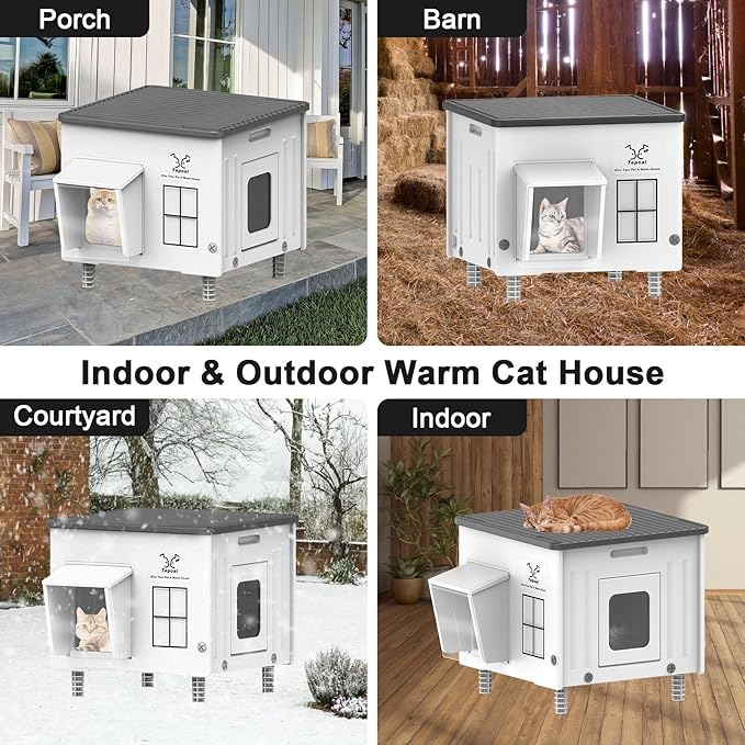 Dahivs Heated Cat House for Outside, High Insulated Heated Outdoor Cat Shelter 100% Weatherproof with Escape Door, Elevated Outdoor Cat House with Heater for Feral Stray Barn Cat Kitty 17.7"x17"x17.5"