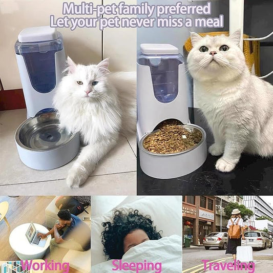 Pets Automatic Gravity Feeder Dogs 2.8L Food & 4L Water Dispenser Set with Stainless Steel Bowl for Small Medium Big Puppy Kitten(Light Gray)
