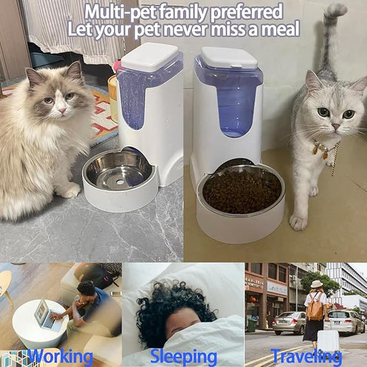 Hamiledyi Pets Automatic Gravity Feeder Dogs 2.8L Food & 4L Water Dispenser Set with Stainless Steel Bowl for Medium Big Dog Cat (White)