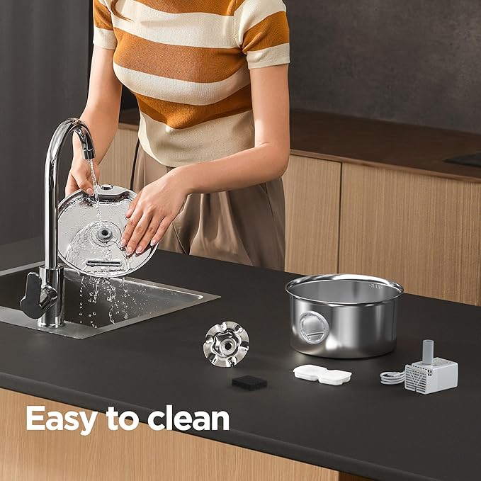 Stainless Steel Cat Water Fountain: 88oz/2.6L Ultra Quiet Pet Fountain with Flower Kitty Spout & LED Blue Light Water Dispenser with Water Level Window for Cats/Dogs Indoor (Silver) - IHOUONE