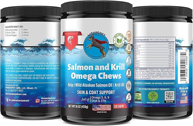 WIZARDPET Wild Alaskan Salmon Krill Oil Chews for Dogs - 120 Soft Treats - Omega 3 6 9 Fish Supplement EPA, DHA for Itch-Free Skin Coat Joints - Allergy Relief - Reduce Hair Shedding - Made in USA