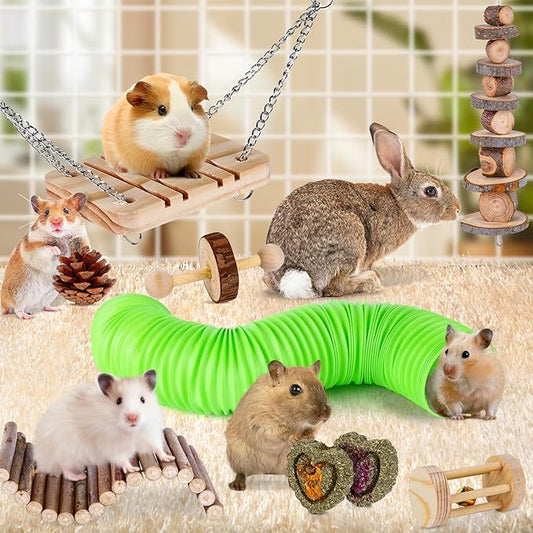 VESPRO Hamster Toys Set, Guinea Pig Toys Small Animal Chewing Toy and Rat Cage Accessories, Chinchillas, Gerbils, Rats, Rabbit Rodents Teeth Care, Apple Wood Timothy Hay Mouse Toy Swing Seesaw Bridge