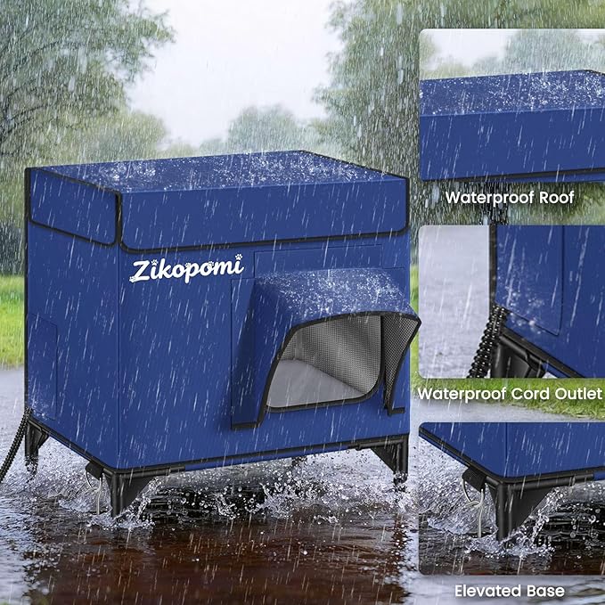 Zikopomi Heated Cat House for Outside with Elevated Base Outdoor Cat House with 2 Safe Escape Doors Cat-Attracting Eave Design Feral Stray Shelter Weatherproof in Winter Garage Yard Porch
