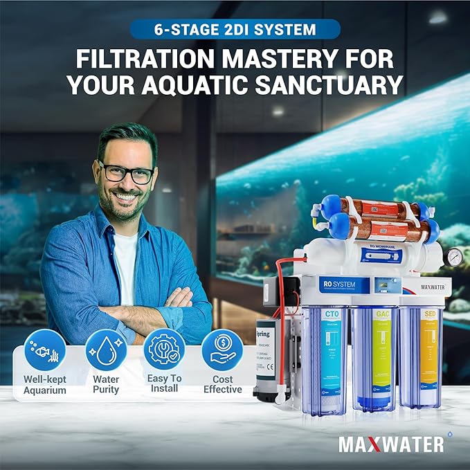 Max Water 6 Stage 200 GPD (Gallon Per Day) RODI (Reverse Osmosis Deionization) Water Filtration System + Digital TDS Meter + Booster Pump for Aquarium