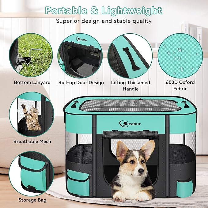 Dog Playpen,Cat Pet Puppy Pen,Portable Playpens for Dogs Indoor Outdoor Travel Camping Use,Foldable Dog Kennel Tent Crate for Rabbit Small Animals and Tent Stakes (Green, Large)