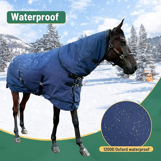 Winter Horse Blanket with Neck Cover for Real Horses | Horse Turnout Blanket | Open Front with 2 Buckles | 1200 Denier 220g (Navy Blue, 82'')