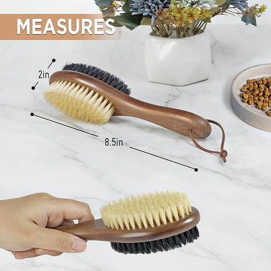 TAKAVU Double-Sided Boar Bristle Cat Brush - Natural Grooming Tool for Gentle Cleaning, Shine & Reduced Loose Hair - Wood Handle Pet Brush