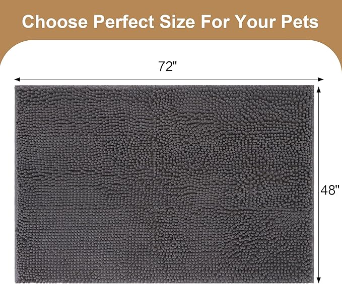 Amyracel Absorbent Dog Door Mat for Muddy Paws, 72" x 48" Non Slip Washable Door Mat Indoor Entrance, Quick Dry Chenille Pet Entry Rugs for Entryway Indoor, Grey