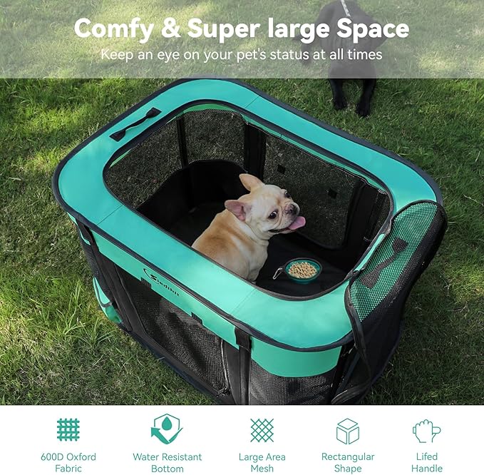 Dog Cat Playpen, Pet Puppy Portable Playpens for Outdoor Travel Crate, Indoor After Surgery Use, Foldable Dog Kennel Tent for Rabbit or Small Animals and Tent Stakes(Green, Middle)