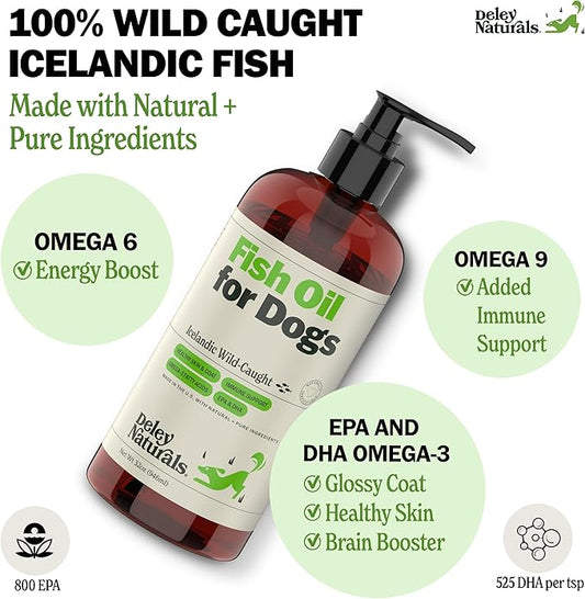 Deley Naturals Dog Fish Oil Icelandic 2X Omega - Dog Itching Skin Relief with Omega 3 6 9 for Allergies, Coat & Heart - Omega 3 Fish Oil for Dogs Skin Irritation - 32oz Omega Oil for Dogs Made in USA