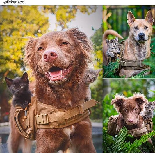 ONETIGRIS Dog Backpack for Medium & Large Dogs, Nylon Backpack for Dogs Tactical Pet Backpack with Side Pockets for Hiking Walking Training Running (Brown, Medium)