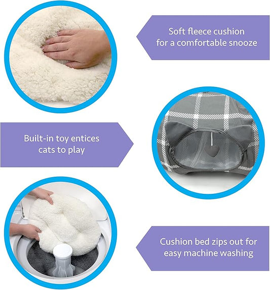 Kitty City Large Cat Tunnel Bed, 2-in-1 Zip-Together Cat Play Tunnel & Plush Nap Bed, Pop-Up Indoor Cat Toy with Hanging Toys, Collapsible Design - Grey