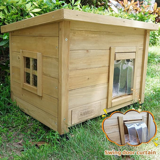 Outdoor Wooden Pet House, Weatherproof Winter Shelter for рuррy and Cats, Elevated Design with Window (Yellow, 22.56 * 17.71 * 16.73Inches)