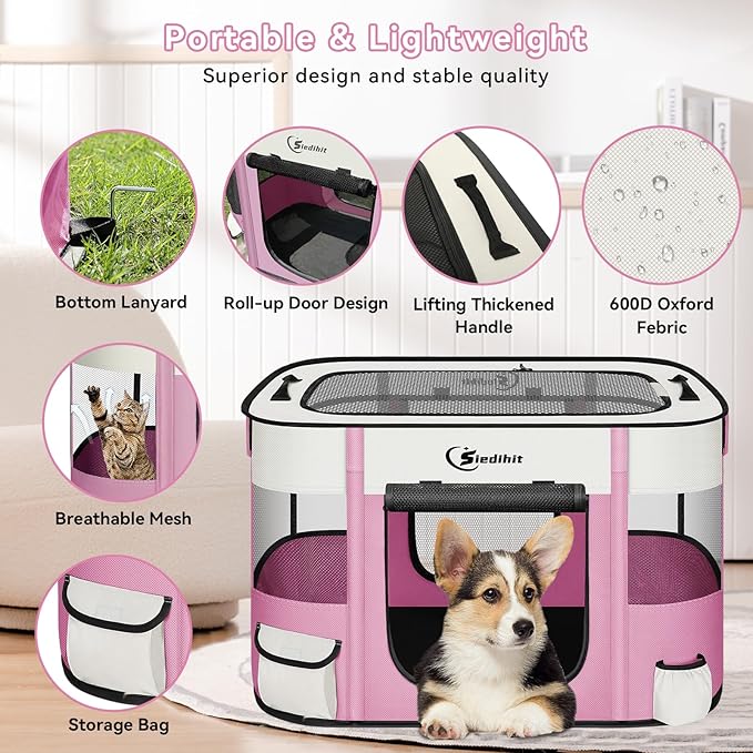 Dog Cat Playpen, Pet Puppy Portable Playpens for Outdoor Travel Crate, Indoor After Surgery Use, Foldable Dog Kennel Tent for Rabbit or Small Animals and Tent Stakes (Pink, Small)