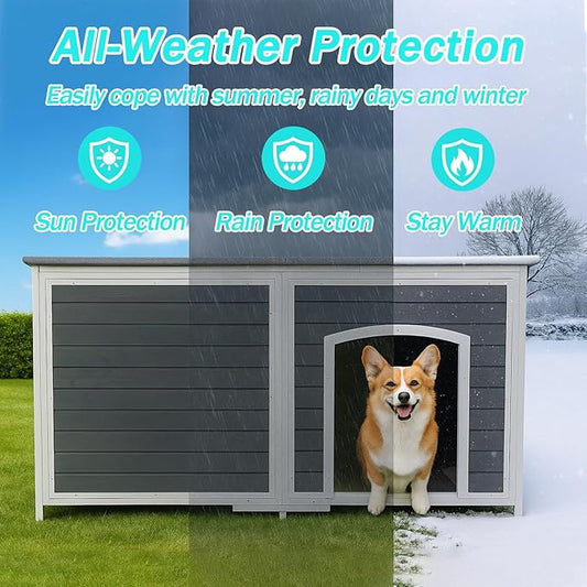 Geguri All-Weather Dog House for Medium to Large Dogs | Weatherproof Asphalt Roof, Chew-Proof Frame, Elevated Base, Extra Large (Grey, 59.1" L × 34.3" W × 34.6" H)